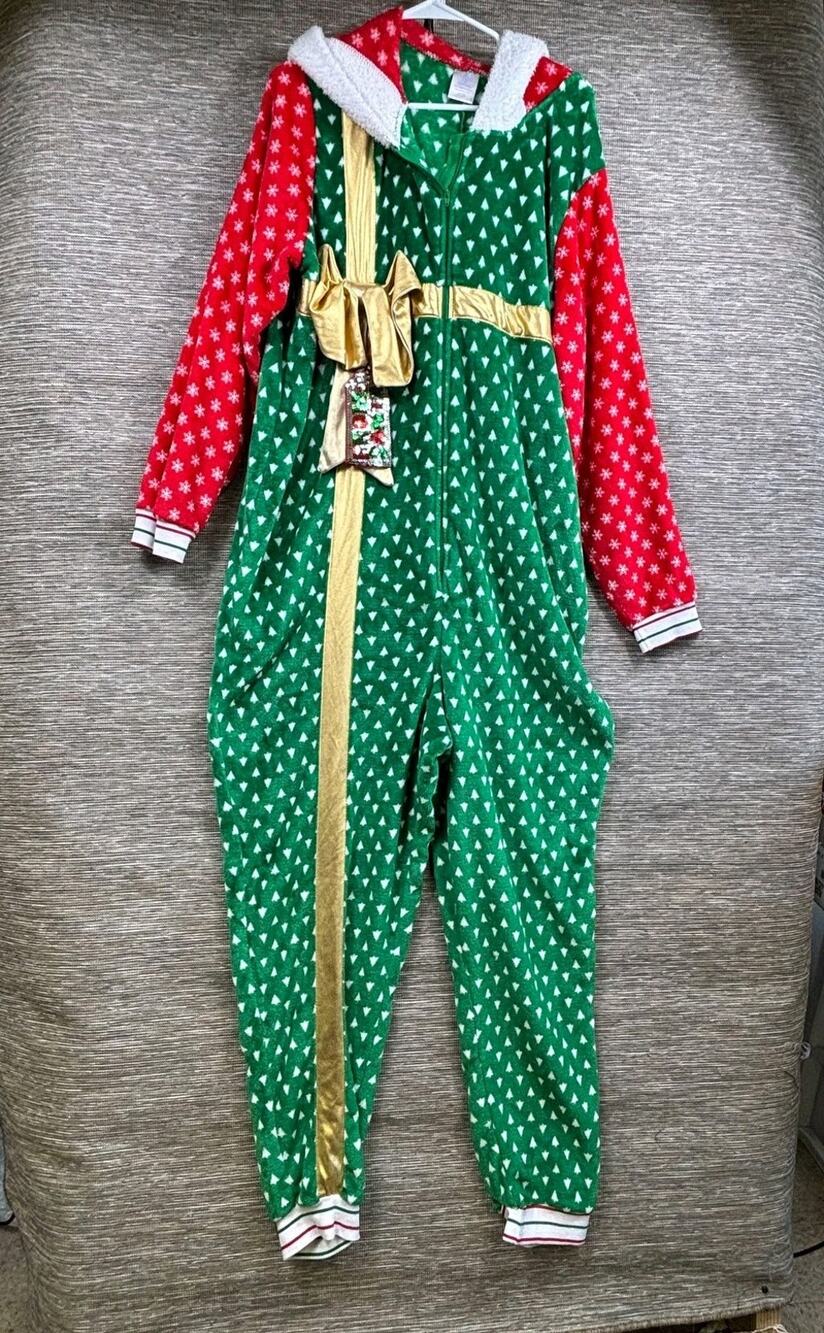 Secret Treasures One-piece Pajamas Womens 3X Green Red Gift Bow Fleece Christmas